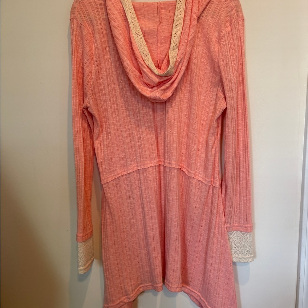 NWOT Kori America Peach Lace Coastal Cottagecore Hooded Asymmetrical Top - Picture 11 of 14